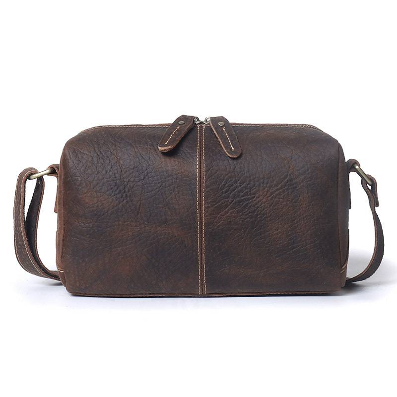 復古新款男士真皮單肩包 瘋馬皮斜挎包 大容量頭層牛皮真皮男包斜背包簡約小方包推薦 真皮包包