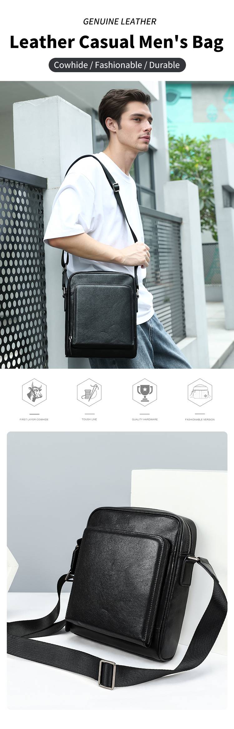 頭層牛皮男士單肩包 大容量豎款簡約斜挎包 男士休閒出行斜背包挎包 潮流包包ipad包推薦 真皮包包