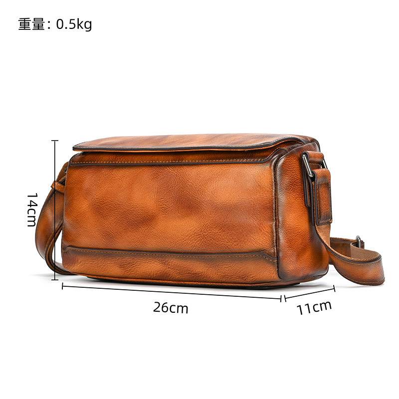 新品復古手工擦色植鞣牛皮斜背包 頭層牛皮男女通用斜跨包 新款側背包真皮包包 樹膏皮單肩背包推薦 真皮包包