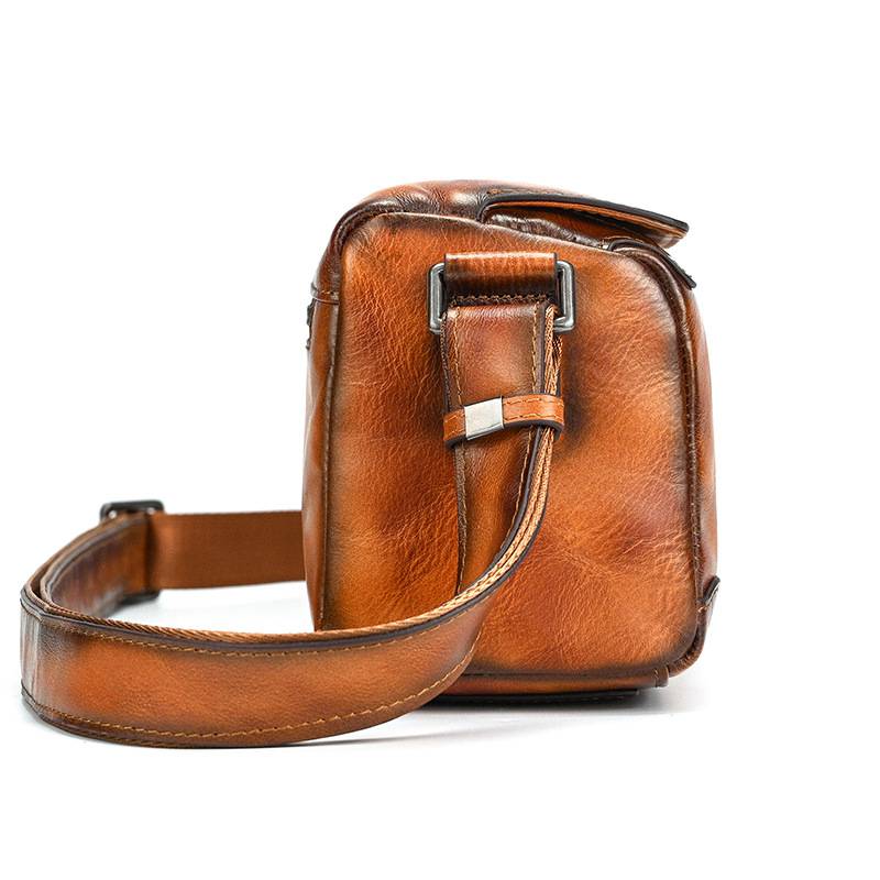 新品復古手工擦色植鞣牛皮斜背包 頭層牛皮男女通用斜跨包 新款側背包真皮包包 樹膏皮單肩背包推薦 真皮包包