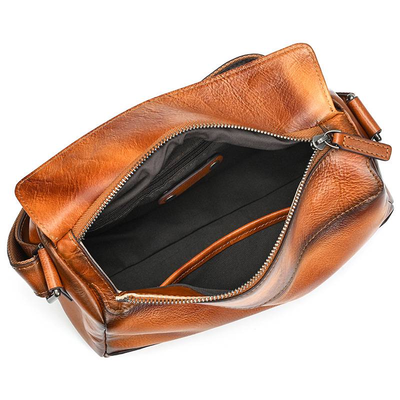 新品復古手工擦色植鞣牛皮斜背包 頭層牛皮男女通用斜跨包 新款側背包真皮包包 樹膏皮單肩背包推薦 真皮包包