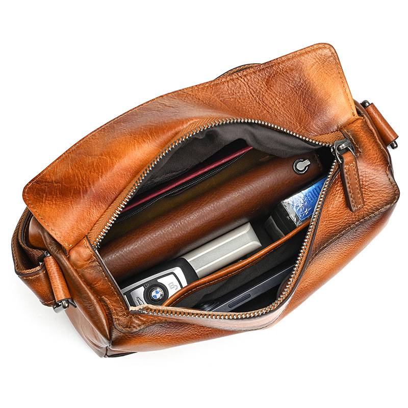 新品復古手工擦色植鞣牛皮斜背包 頭層牛皮男女通用斜跨包 新款側背包真皮包包 樹膏皮單肩背包推薦 真皮包包