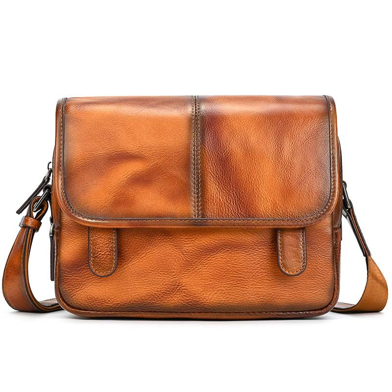 新款頭層樹膏皮單肩包 男士女士植鞣革牛皮斜跨包 復古擦色休閒包斜背包郵差包推薦 真皮包包