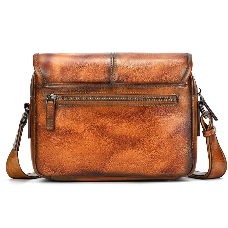 新款頭層樹膏皮單肩包 男士女士植鞣革牛皮斜跨包 復古擦色休閒包斜背包郵差包推薦 真皮包包