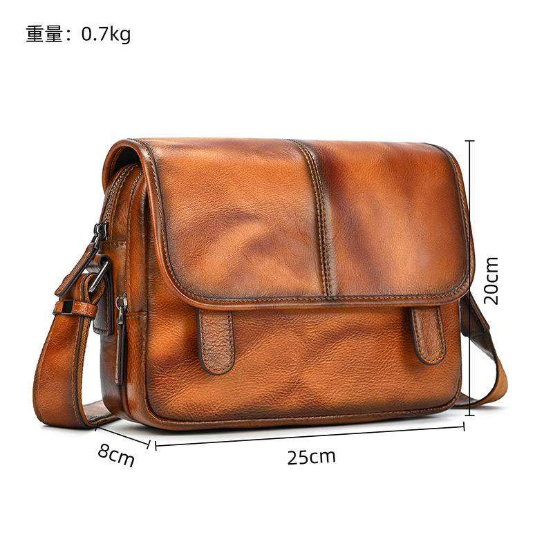 新款頭層樹膏皮單肩包 男士女士植鞣革牛皮斜跨包 復古擦色休閒包斜背包郵差包推薦 真皮包包