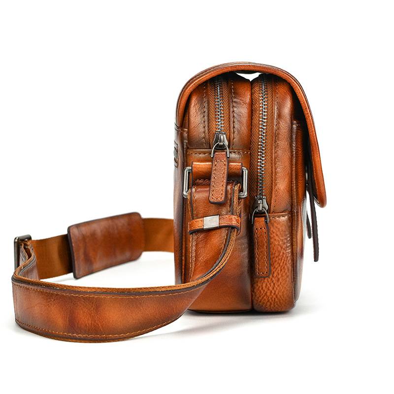 新款頭層樹膏皮單肩包 男士女士植鞣革牛皮斜跨包 復古擦色休閒包斜背包郵差包推薦 真皮包包