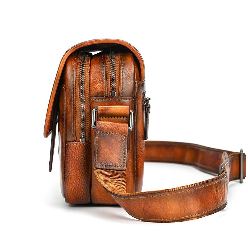 新款頭層樹膏皮單肩包 男士女士植鞣革牛皮斜跨包 復古擦色休閒包斜背包郵差包推薦 真皮包包