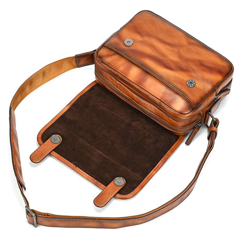 新款頭層樹膏皮單肩包 男士女士植鞣革牛皮斜跨包 復古擦色休閒包斜背包郵差包推薦 真皮包包