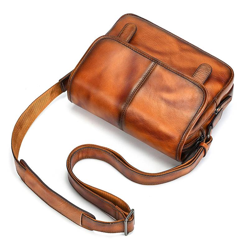 新款頭層樹膏皮單肩包 男士女士植鞣革牛皮斜跨包 復古擦色休閒包斜背包郵差包推薦 真皮包包