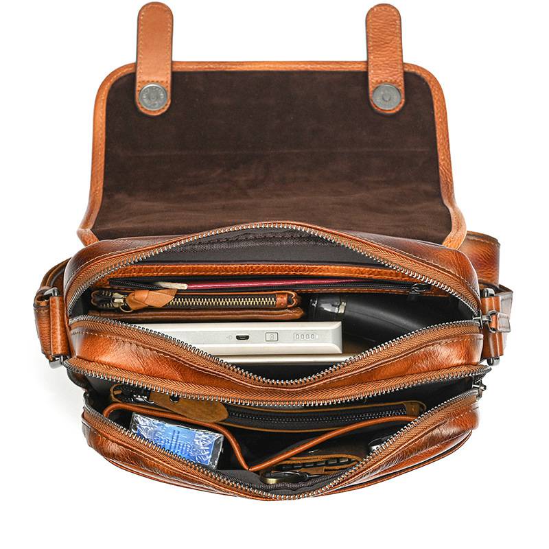 新款頭層樹膏皮單肩包 男士女士植鞣革牛皮斜跨包 復古擦色休閒包斜背包郵差包推薦 真皮包包