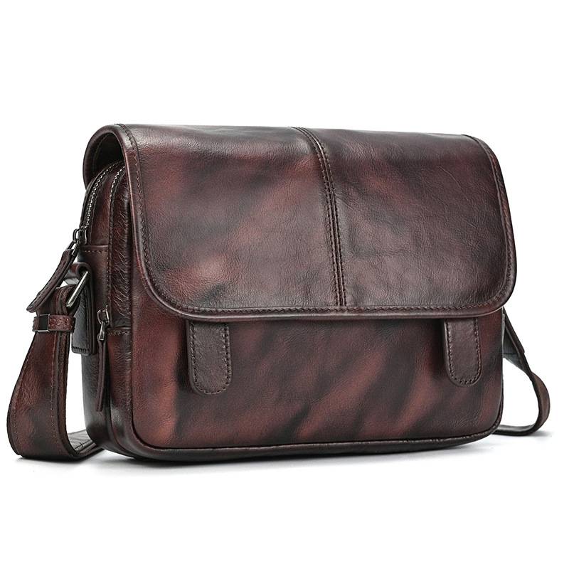 新款頭層樹膏皮單肩包 男士女士植鞣革牛皮斜跨包 復古擦色休閒包斜背包郵差包推薦 真皮包包