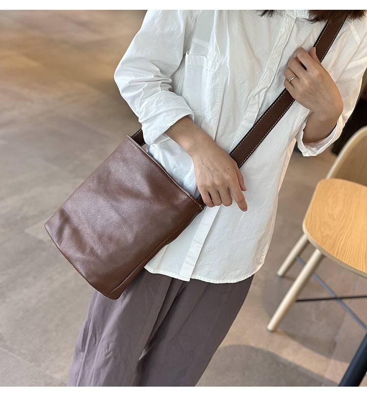 新款日系休閑牛皮斜挎包 復古百搭真皮女包 頭層牛皮單肩包女水桶包軟皮斜背包推薦 真皮包包