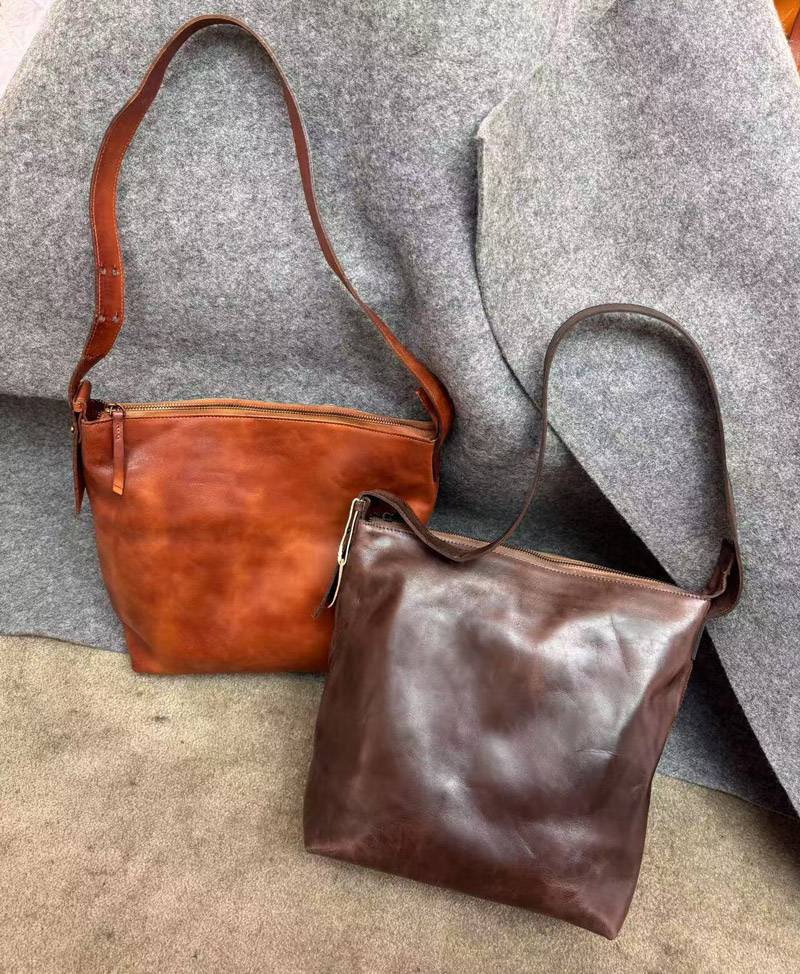 復古手工擦色頭層植鞣皮斜背包 高級質感牛皮水桶包托特包 新款真皮女包斜挎包推薦 真皮包包