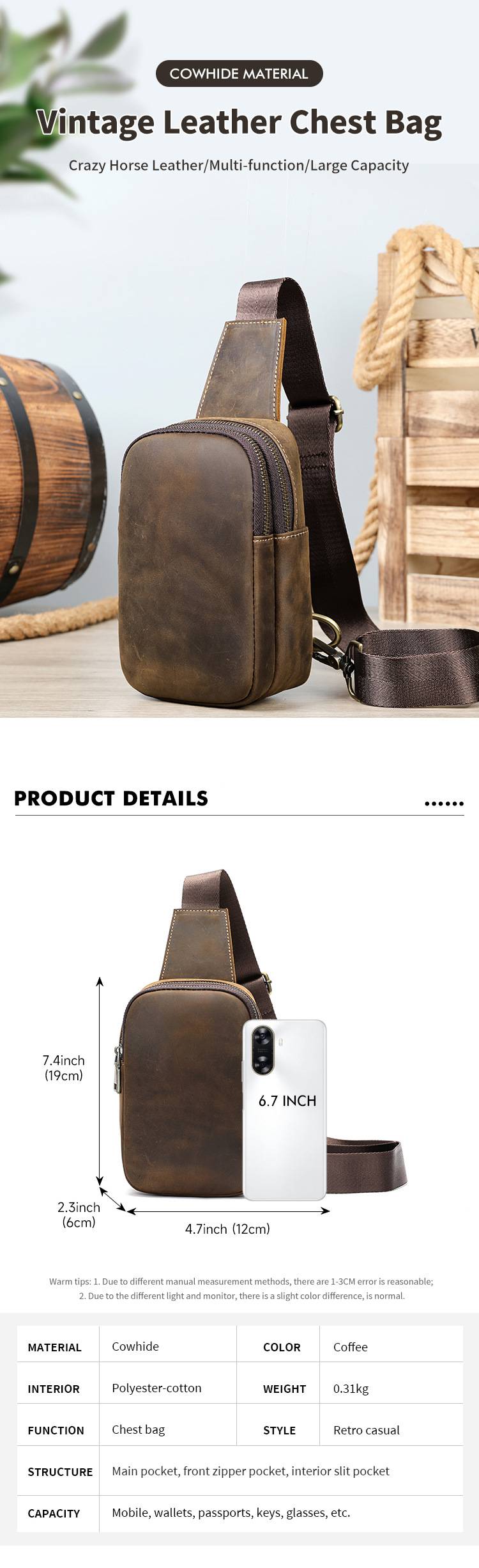 復古瘋馬皮男士單肩背包 頭層牛皮胸包 戶外胸前斜挎包 新款時尚旅行真皮斜背包推薦 真皮包包