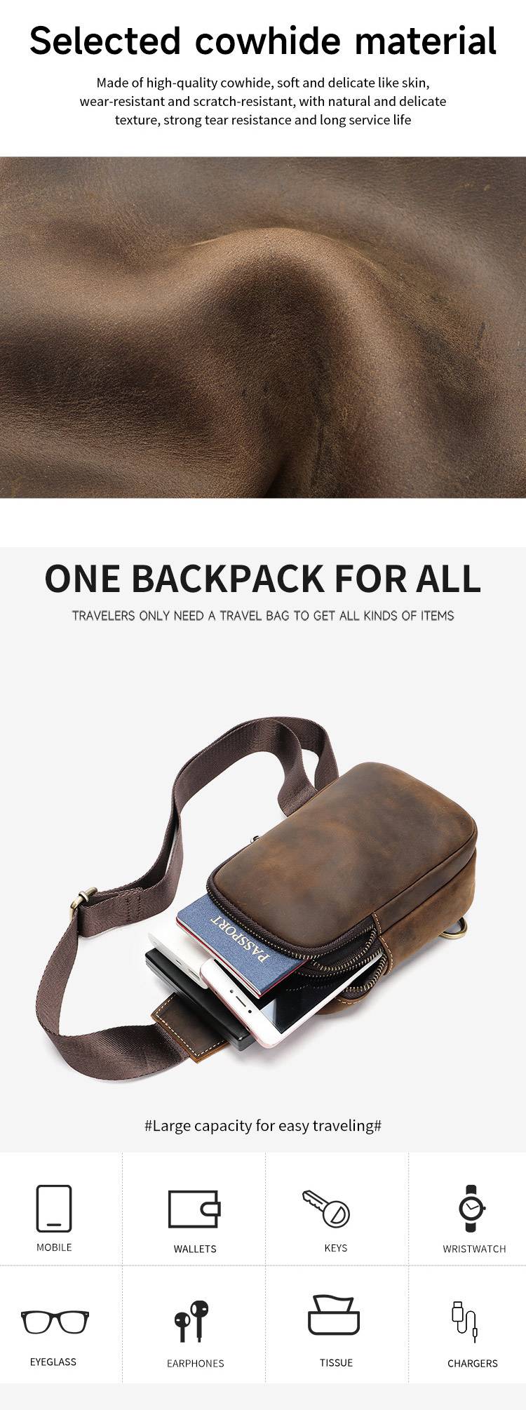 復古瘋馬皮男士單肩背包 頭層牛皮胸包 戶外胸前斜挎包 新款時尚旅行真皮斜背包推薦 真皮包包