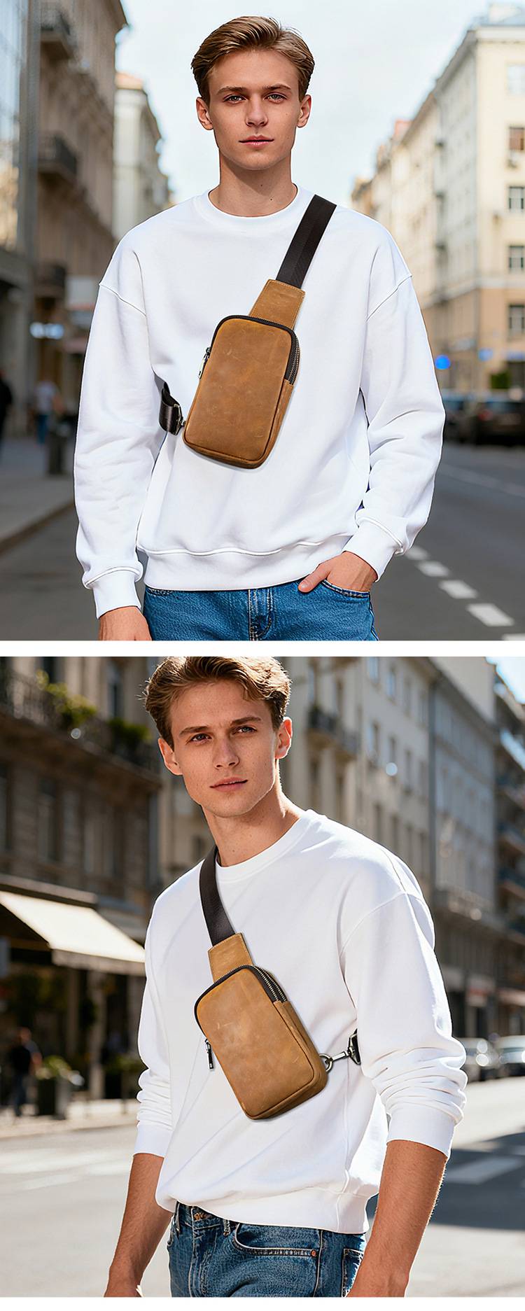 復古瘋馬皮男士單肩背包 頭層牛皮胸包 戶外胸前斜挎包 新款時尚旅行真皮斜背包推薦 真皮包包