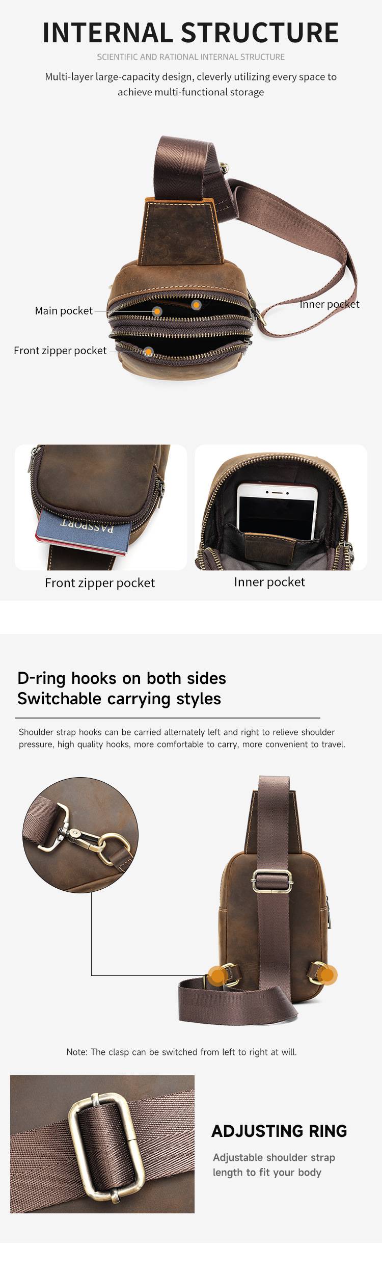 復古瘋馬皮男士單肩背包 頭層牛皮胸包 戶外胸前斜挎包 新款時尚旅行真皮斜背包推薦 真皮包包