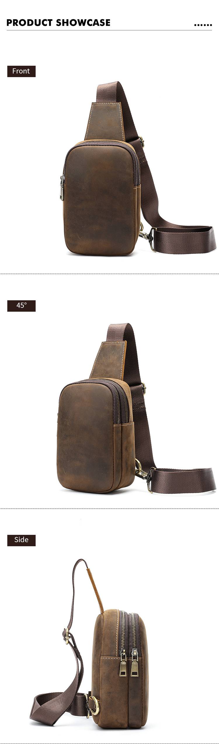 復古瘋馬皮男士單肩背包 頭層牛皮胸包 戶外胸前斜挎包 新款時尚旅行真皮斜背包推薦 真皮包包