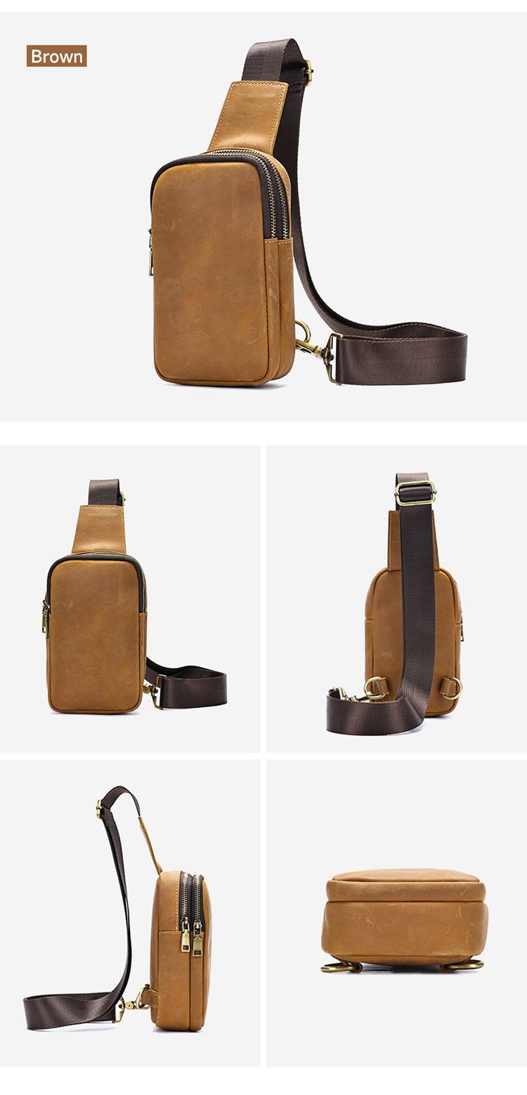 復古瘋馬皮男士單肩背包 頭層牛皮胸包 戶外胸前斜挎包 新款時尚旅行真皮斜背包推薦 真皮包包