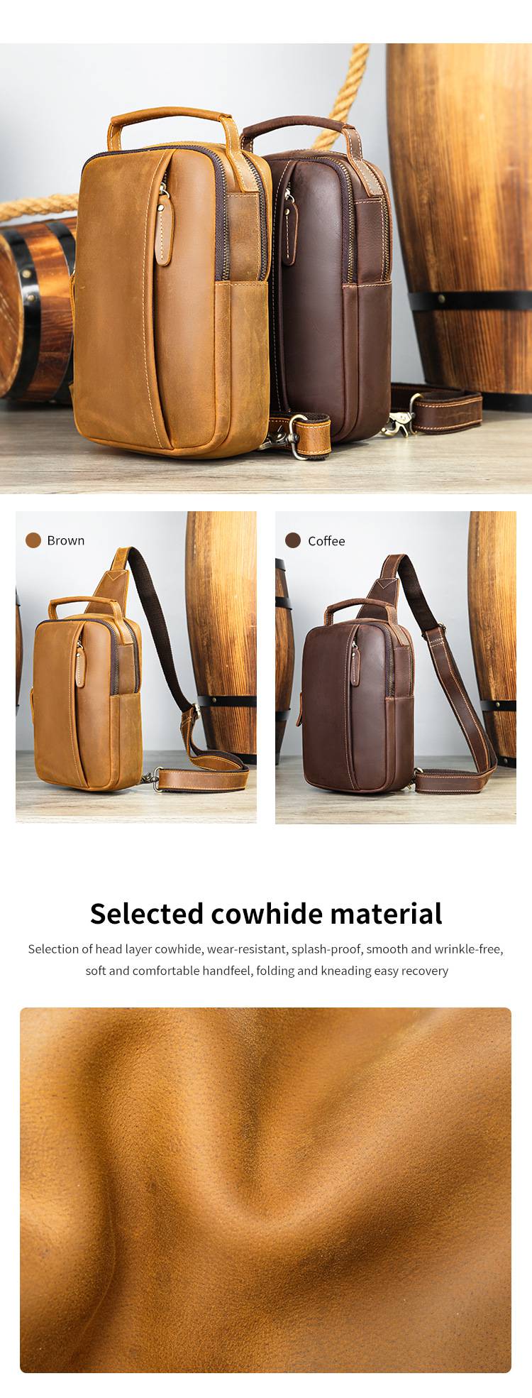 復古瘋馬皮男士胸包 真皮單肩旅行斜挎包 戶外新款休閑背包 新品男士斜背包胸前包推薦 真皮包包