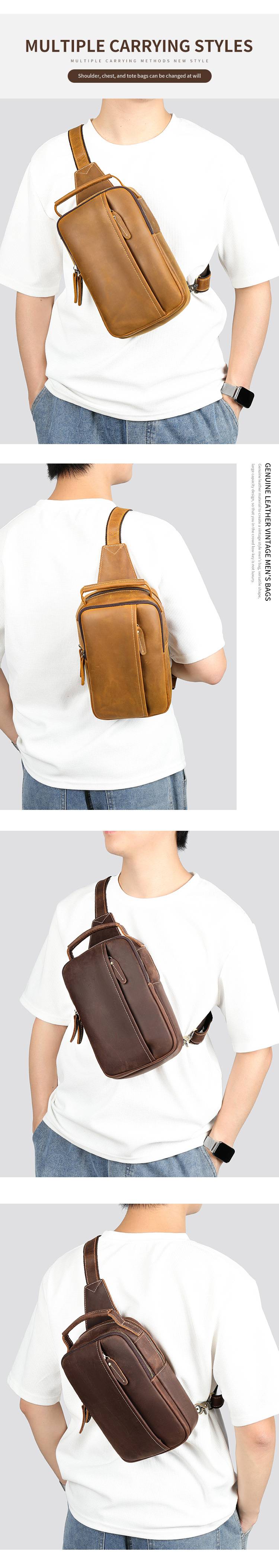 復古瘋馬皮男士胸包 真皮單肩旅行斜挎包 戶外新款休閑背包 新品男士斜背包胸前包推薦 真皮包包