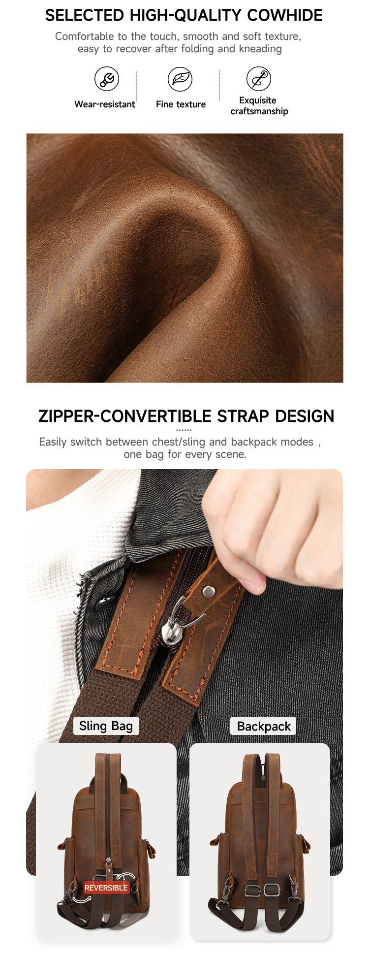 一包兩用 男士後背包 瘋馬皮胸包 真皮雙肩包 頭層牛皮肩背包休閑背包胸前包推薦