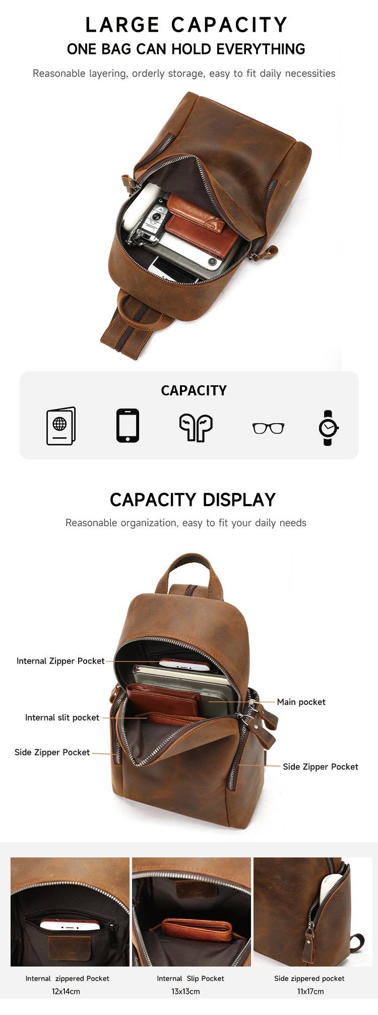 一包兩用 男士後背包 瘋馬皮胸包 真皮雙肩包 頭層牛皮肩背包休閑背包胸前包推薦