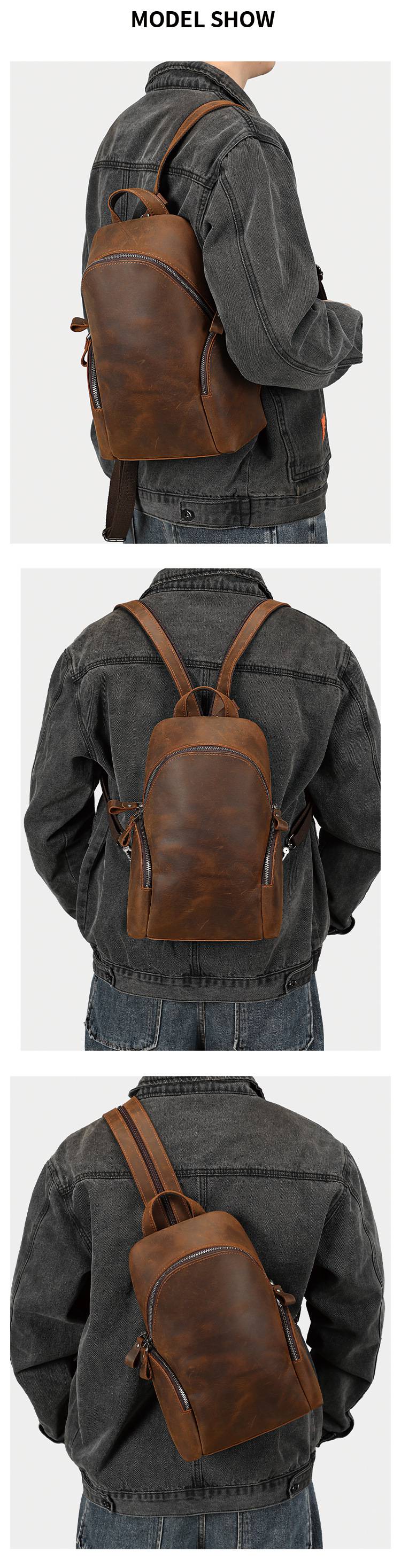 一包兩用 男士後背包 瘋馬皮胸包 真皮雙肩包 頭層牛皮肩背包休閑背包胸前包推薦