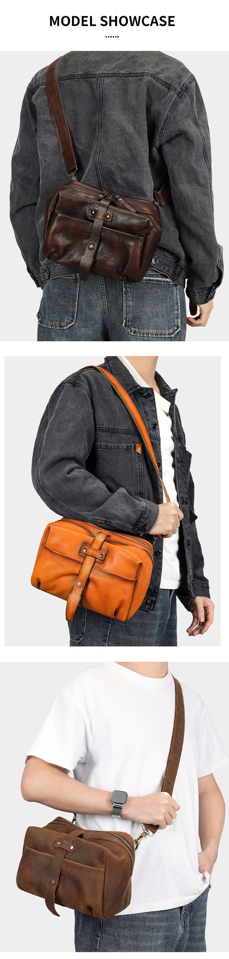 復古擦色斜背包 瘋馬皮男士單肩背包側背包 頭層牛皮郵差包 真皮休閑肩背包推薦