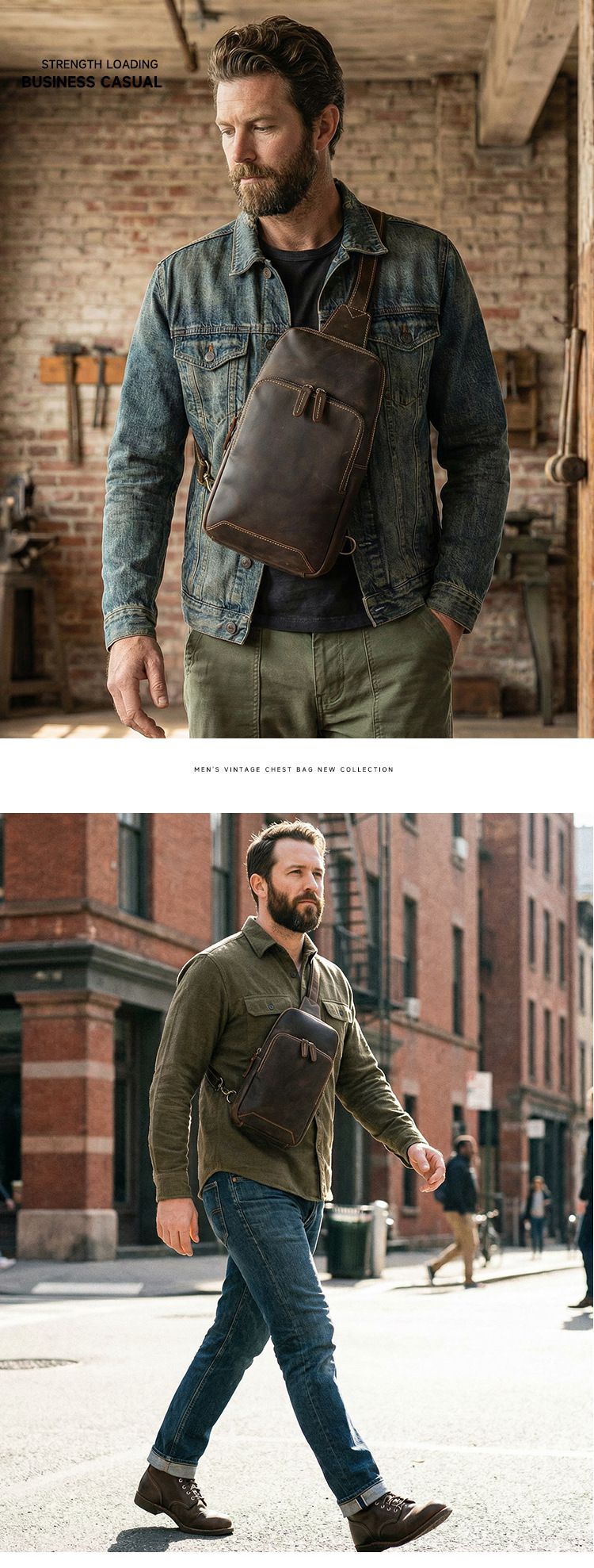 新款復古瘋馬皮胸前包 頭層牛皮斜背包 男士休閑運動背包 戶外真皮胸包斜跨包推薦 真皮包包