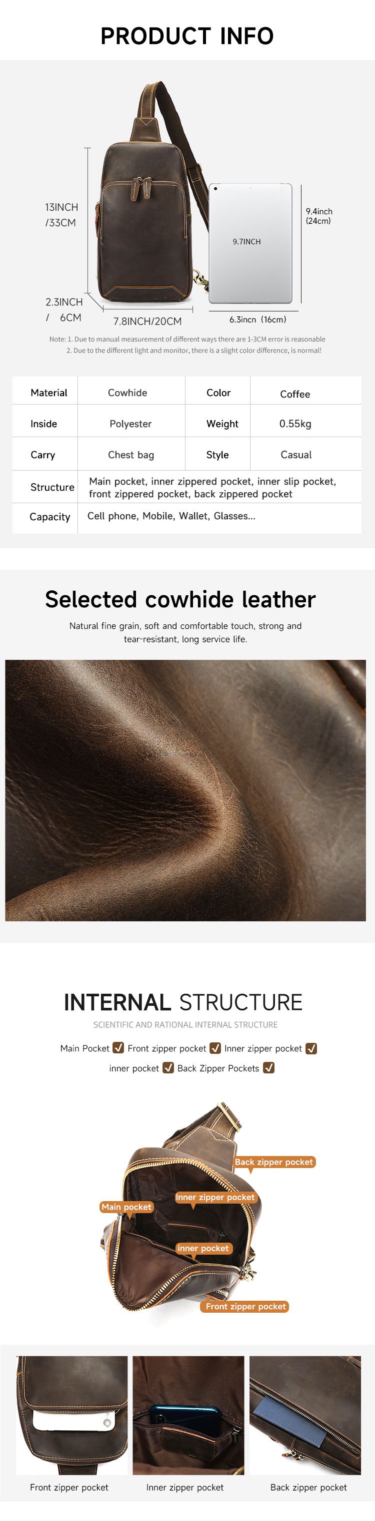 新款復古瘋馬皮胸前包 頭層牛皮斜背包 男士休閑運動背包 戶外真皮胸包斜跨包推薦 真皮包包