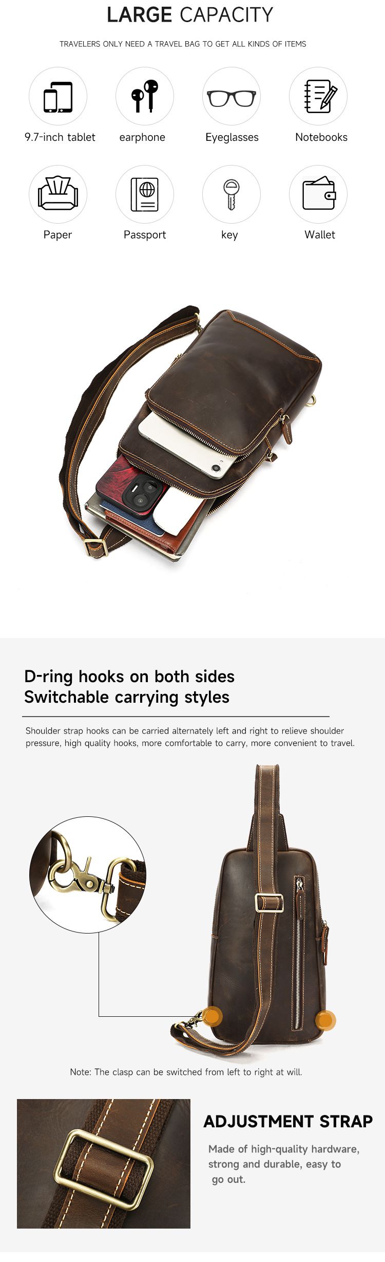 新款復古瘋馬皮胸前包 頭層牛皮斜背包 男士休閑運動背包 戶外真皮胸包斜跨包推薦 真皮包包