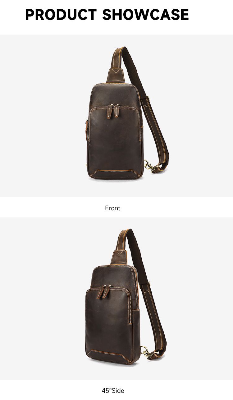 新款復古瘋馬皮胸前包 頭層牛皮斜背包 男士休閑運動背包 戶外真皮胸包斜跨包推薦 真皮包包