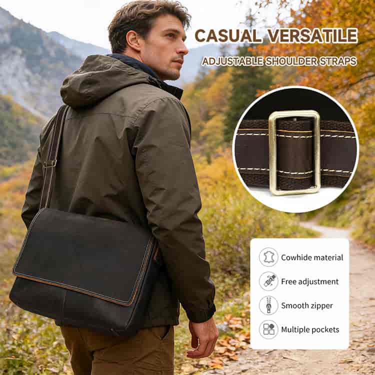 新款大號復古瘋馬皮男士郵差包 大容量16吋筆電包斜挎單肩包 真皮爆款斜背包公事包推薦 真皮包包