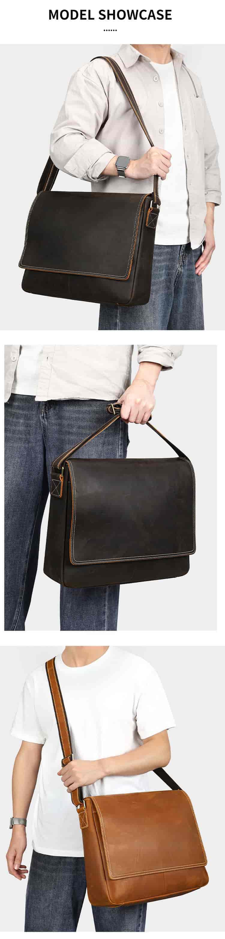新款大號復古瘋馬皮男士郵差包 大容量16吋筆電包斜挎單肩包 真皮爆款斜背包公事包推薦 真皮包包