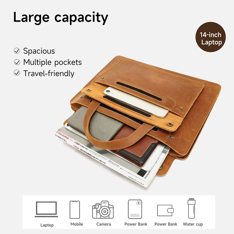 新款瘋馬皮復古公文包 商務通勤14吋多隔層便攜式電腦包 真皮通勤包公事包手提包推薦 真皮包包