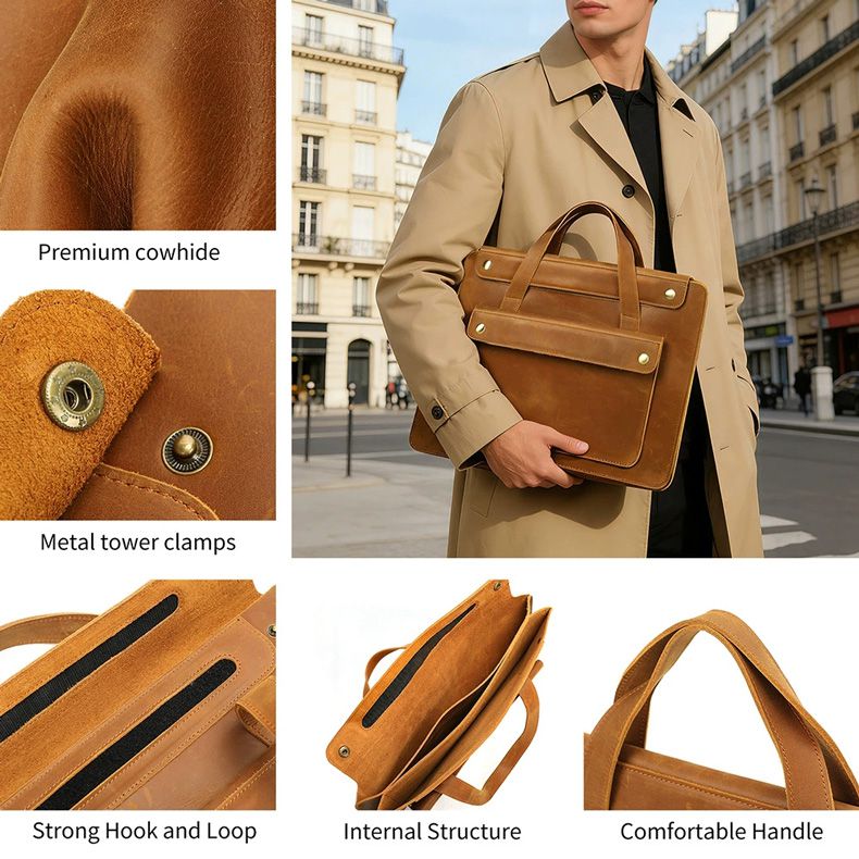 新款瘋馬皮復古公文包 商務通勤14吋多隔層便攜式電腦包 真皮通勤包公事包手提包推薦 真皮包包