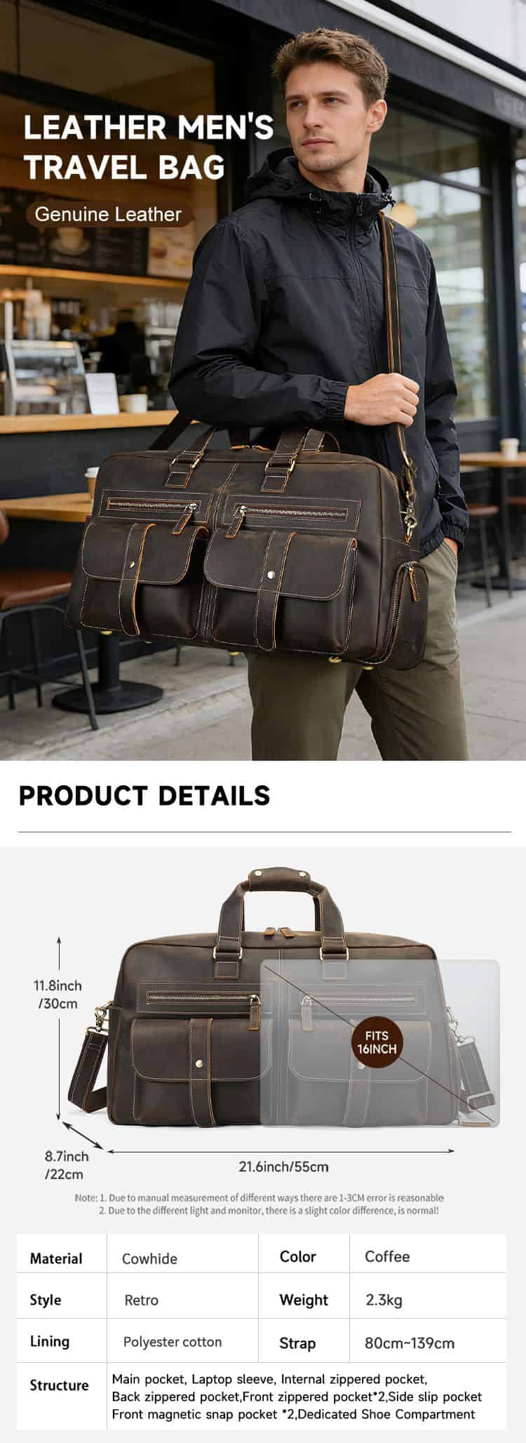 瘋馬皮男士旅行袋 帶獨立鞋倉大容量手提旅行包 復古歐美新款行李箱包手提袋推薦 真皮包包