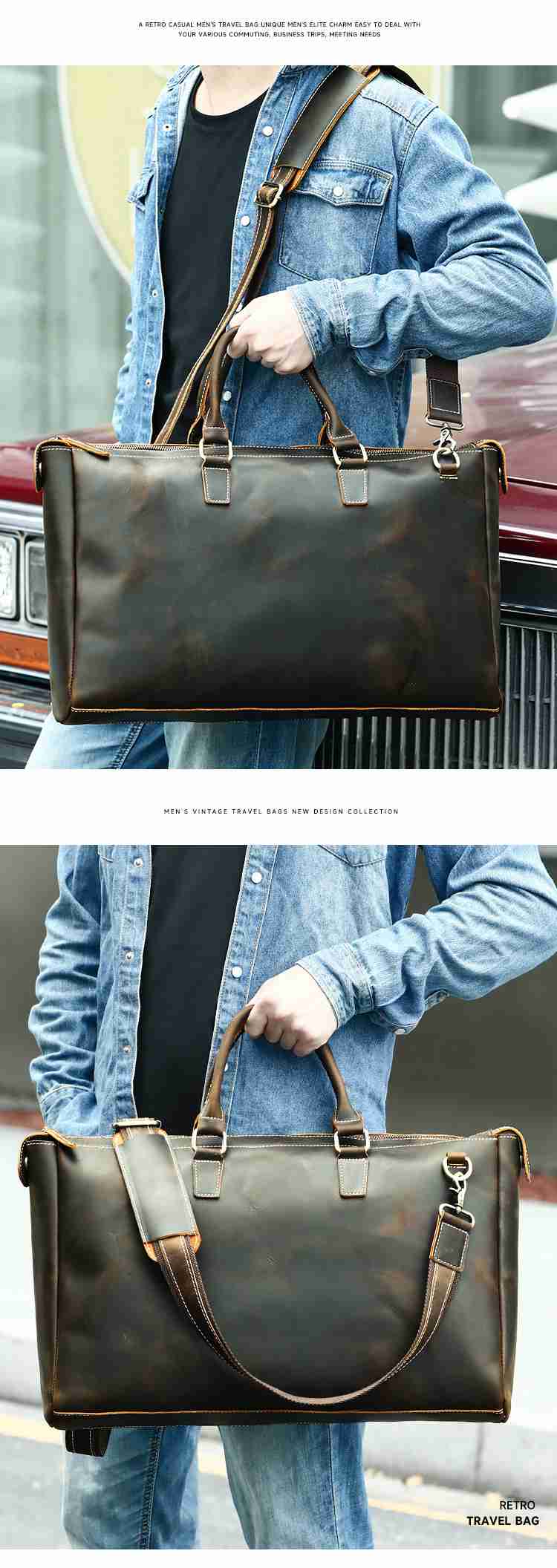 復古瘋馬皮單肩手提旅行包 高質感短途旅行袋 17吋筆電包旅行手袋 男士公事包推薦 真皮包包