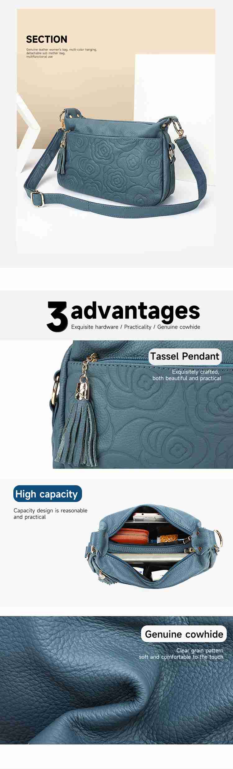 壓花設計頭層牛皮斜挎包 時尚百搭女士單肩包斜背包 氣質熟女真皮側背包 通勤腋下包推薦 真皮包包