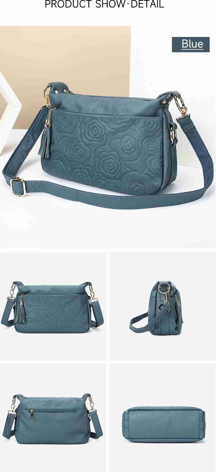 壓花設計頭層牛皮斜挎包 時尚百搭女士單肩包斜背包 氣質熟女真皮側背包 通勤腋下包推薦 真皮包包