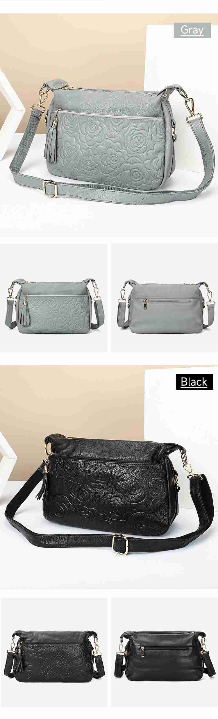 壓花設計頭層牛皮斜挎包 時尚百搭女士單肩包斜背包 氣質熟女真皮側背包 通勤腋下包推薦 真皮包包