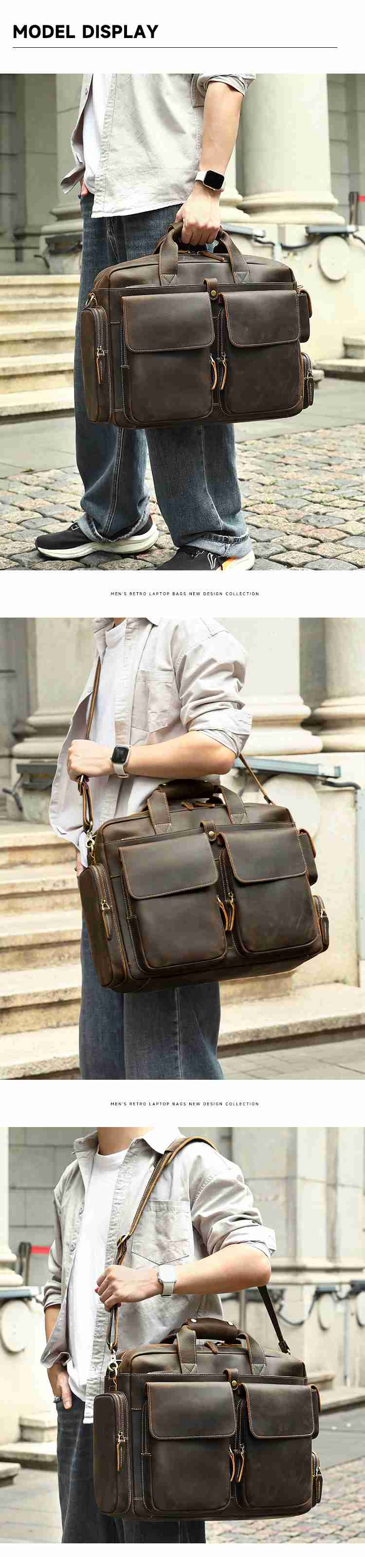 男士瘋馬皮公文包手提包 頭層牛皮斜挎包 16吋電腦包公事包 新款真皮大容量旅行包推薦 真皮包包