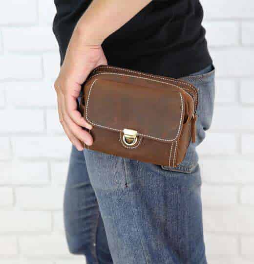 手工真皮腰包 复古风格头层牛皮手机包 真皮疯马皮老板包 横款手机烟